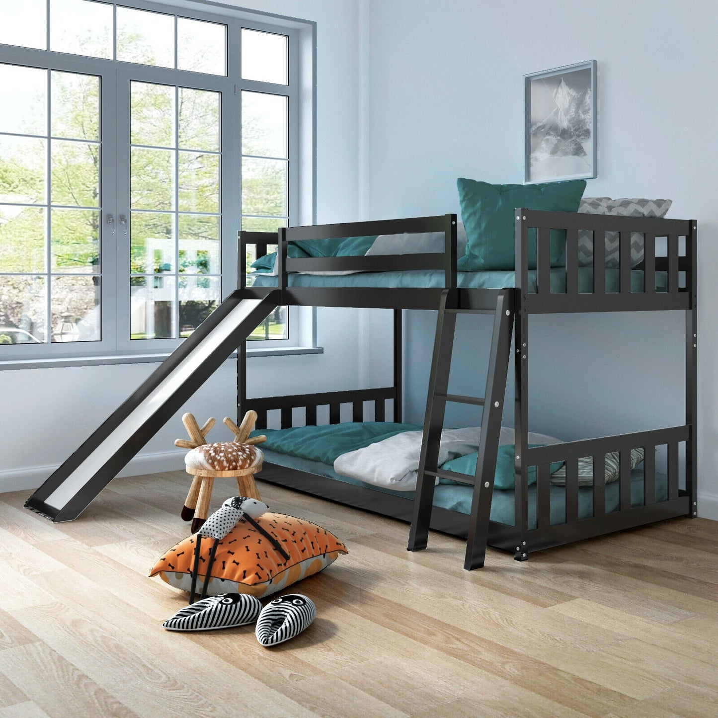 Twin Over Twin Wooden Bunk Bed with Slide and Ladder for Kids – Dark Brown