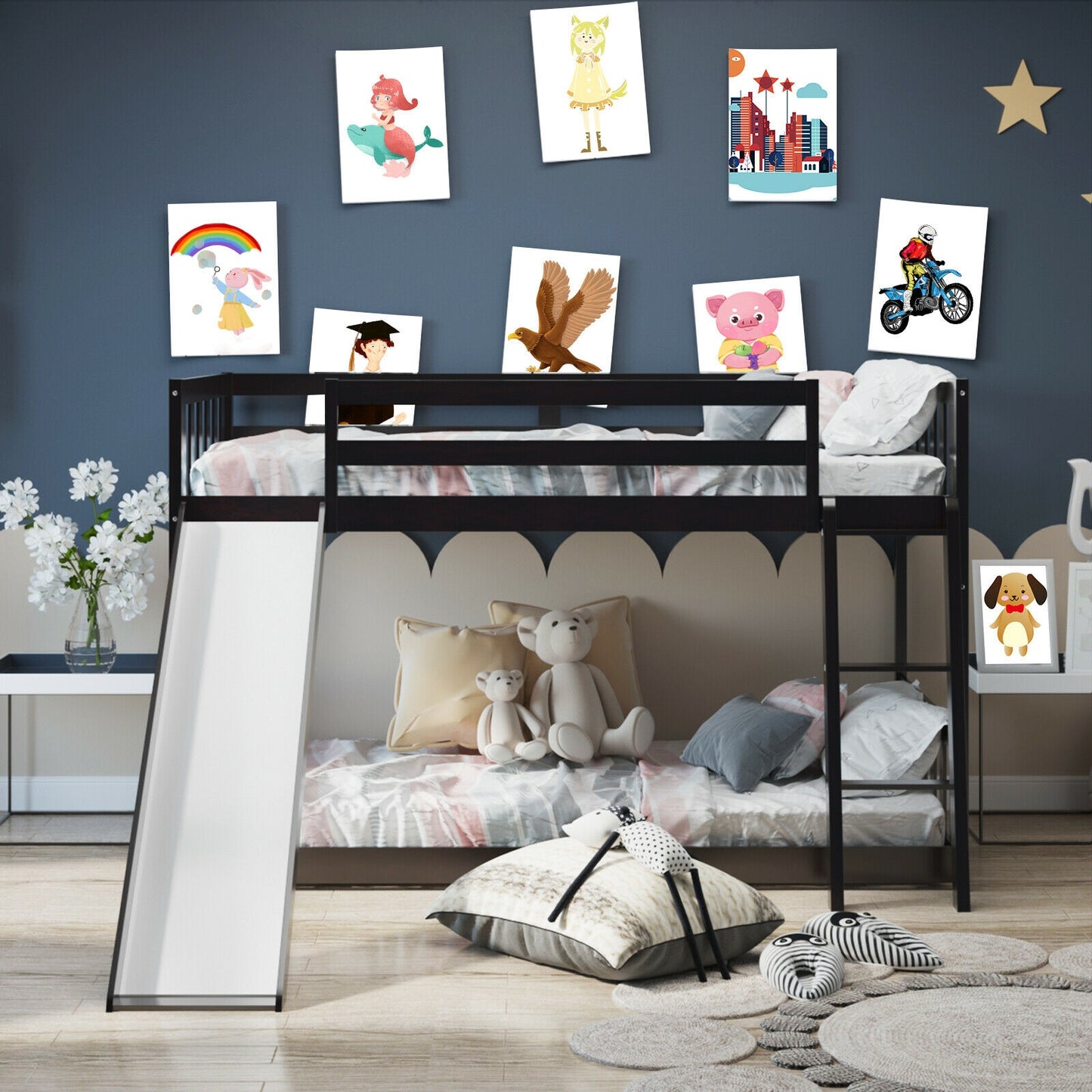 Twin Over Twin Wooden Bunk Bed with Slide and Ladder for Kids – Dark Brown