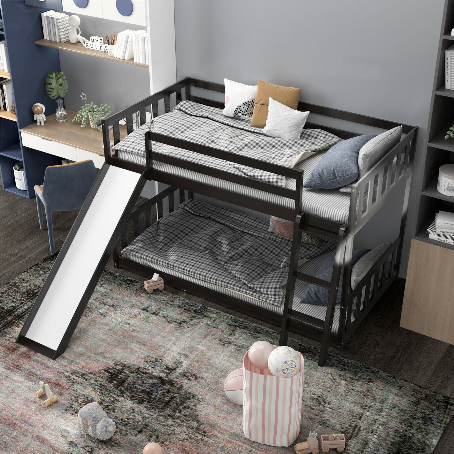 Twin Over Twin Wooden Bunk Bed with Slide and Ladder for Kids – Dark Brown
