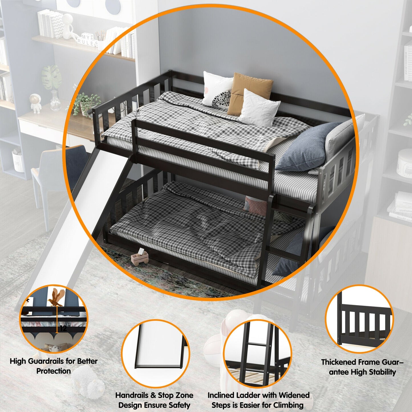 Twin Over Twin Wooden Bunk Bed with Slide and Ladder for Kids – Dark Brown