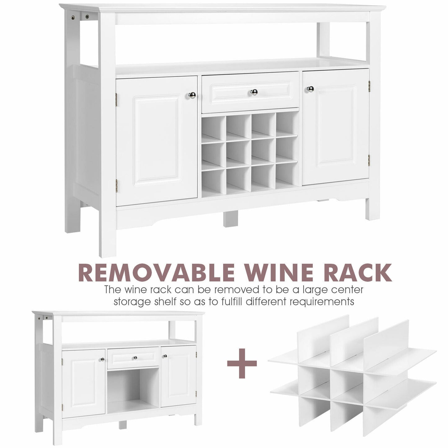 Freestanding Wine Buffet Cabinet with 12 Bottle Rack Storage Drawer and Side Cupboards - White