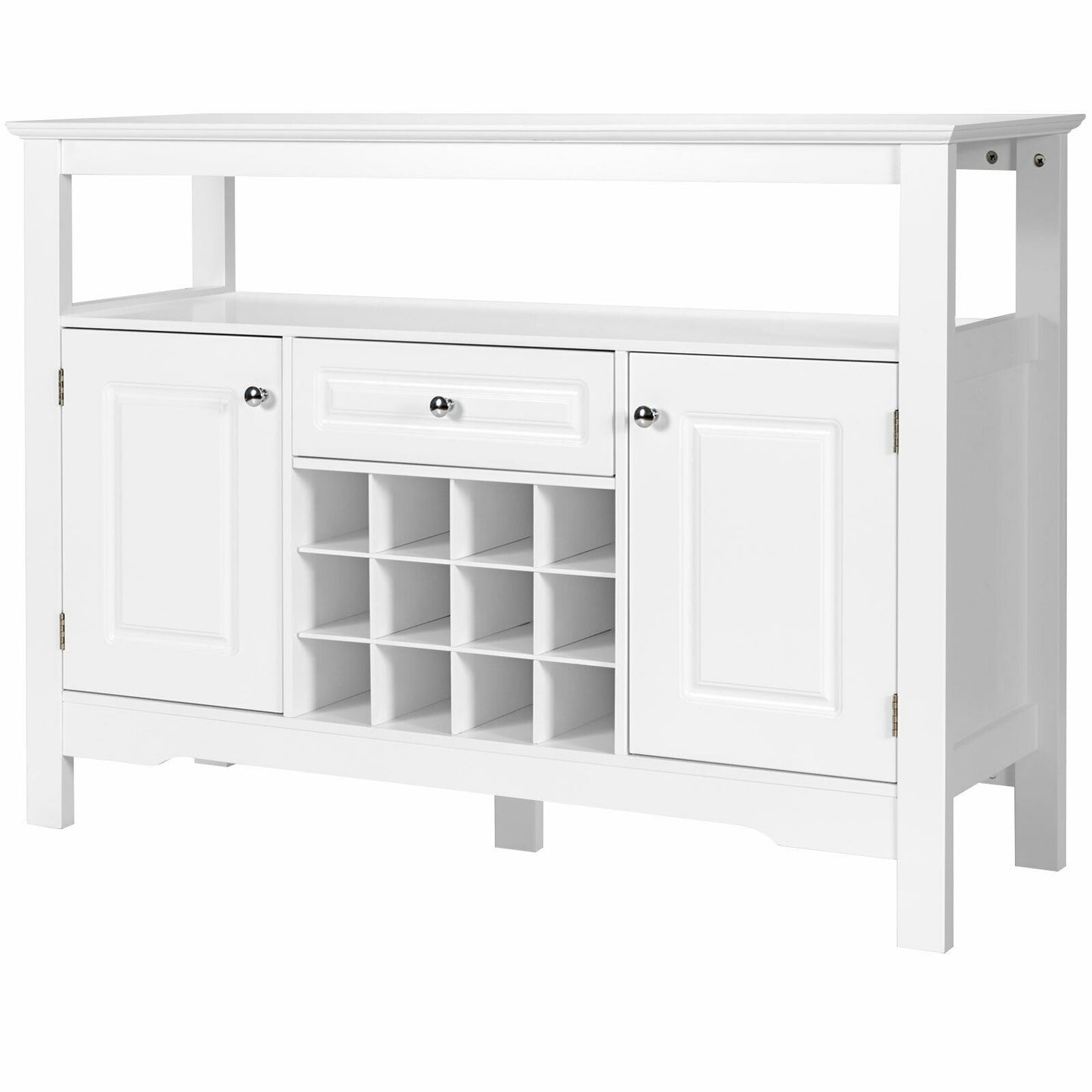 Freestanding Wine Buffet Cabinet with 12 Bottle Rack Storage Drawer and Side Cupboards - White