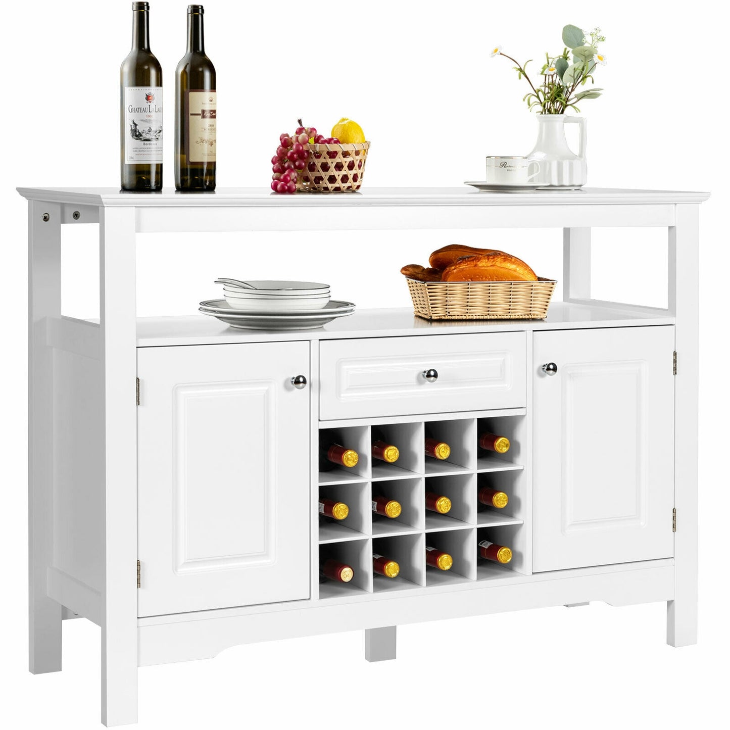 Freestanding Wine Buffet Cabinet with 12 Bottle Rack Storage Drawer and Side Cupboards - White