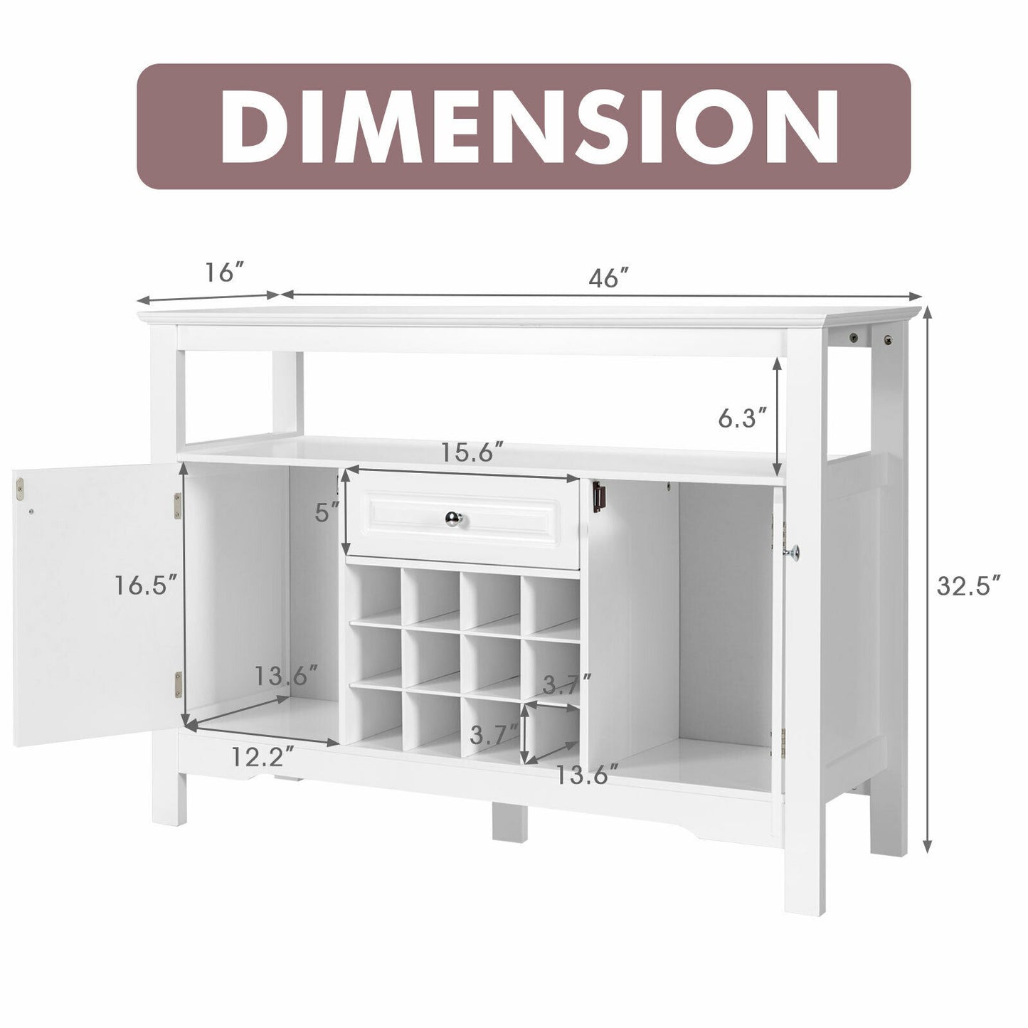 Freestanding Wine Buffet Cabinet with 12 Bottle Rack Storage Drawer and Side Cupboards - White