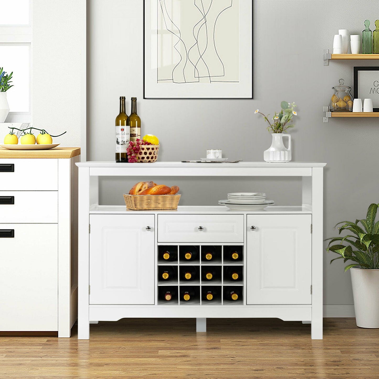 Freestanding Wine Buffet Cabinet with 12 Bottle Rack Storage Drawer and Side Cupboards - White