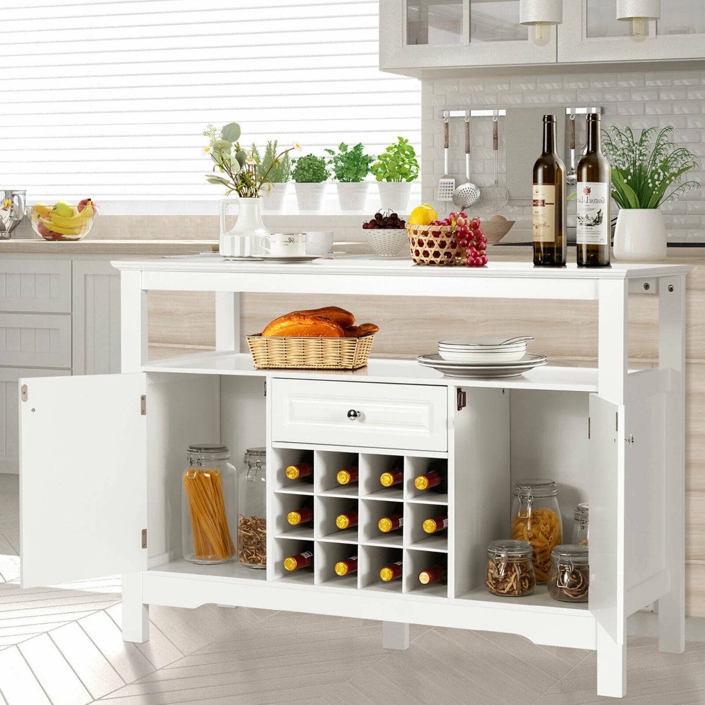 Freestanding Wine Buffet Cabinet with 12 Bottle Rack Storage Drawer and Side Cupboards - White
