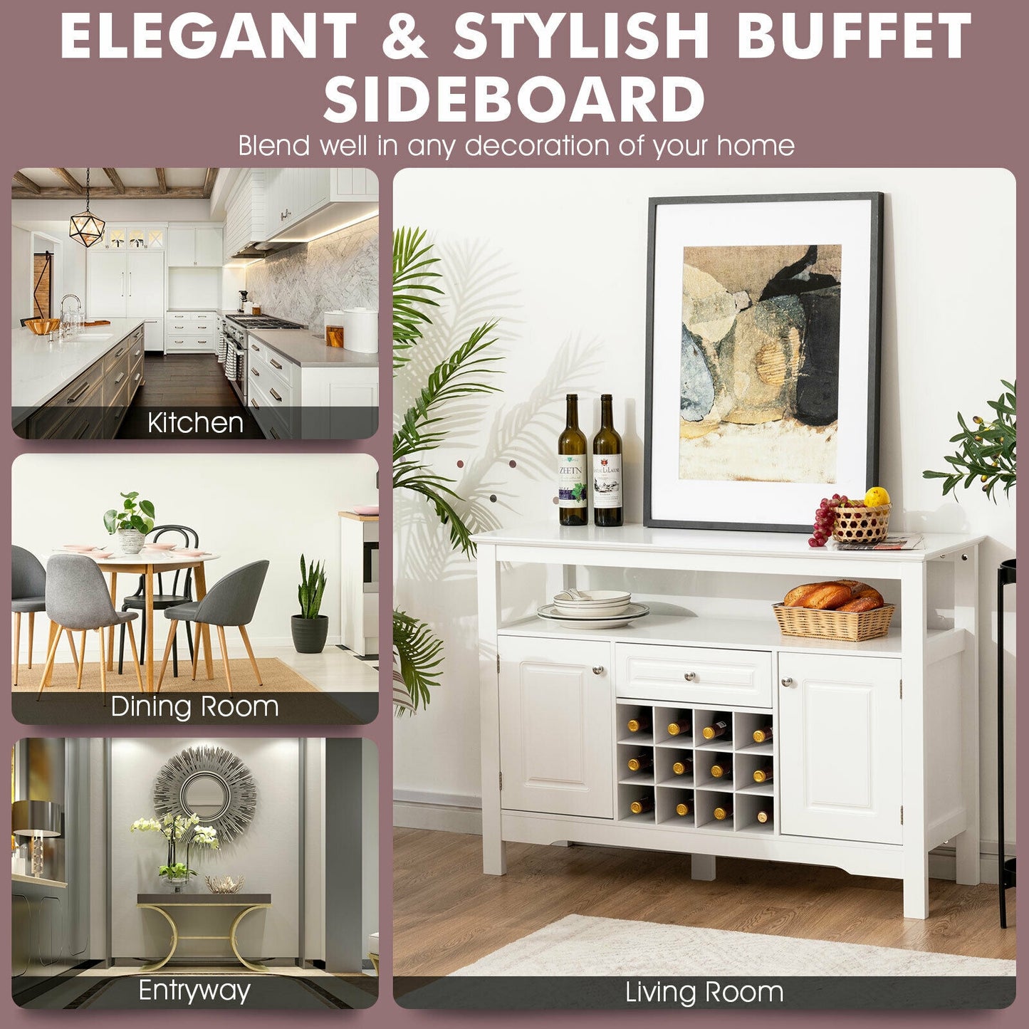 Freestanding Wine Buffet Cabinet with 12 Bottle Rack Storage Drawer and Side Cupboards - White