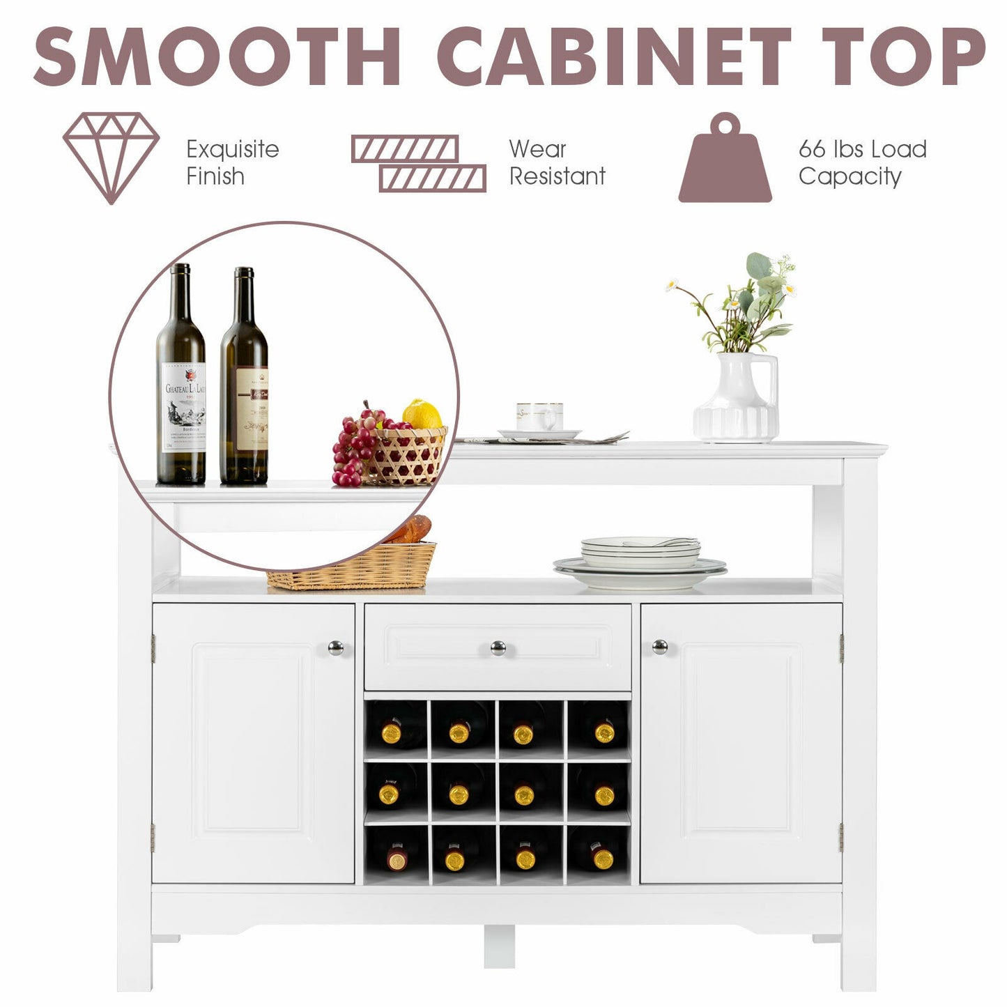 Freestanding Wine Buffet Cabinet with 12 Bottle Rack Storage Drawer and Side Cupboards - White