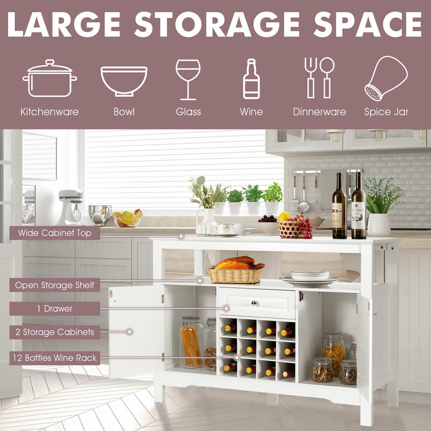 Freestanding Wine Buffet Cabinet with 12 Bottle Rack Storage Drawer and Side Cupboards - White