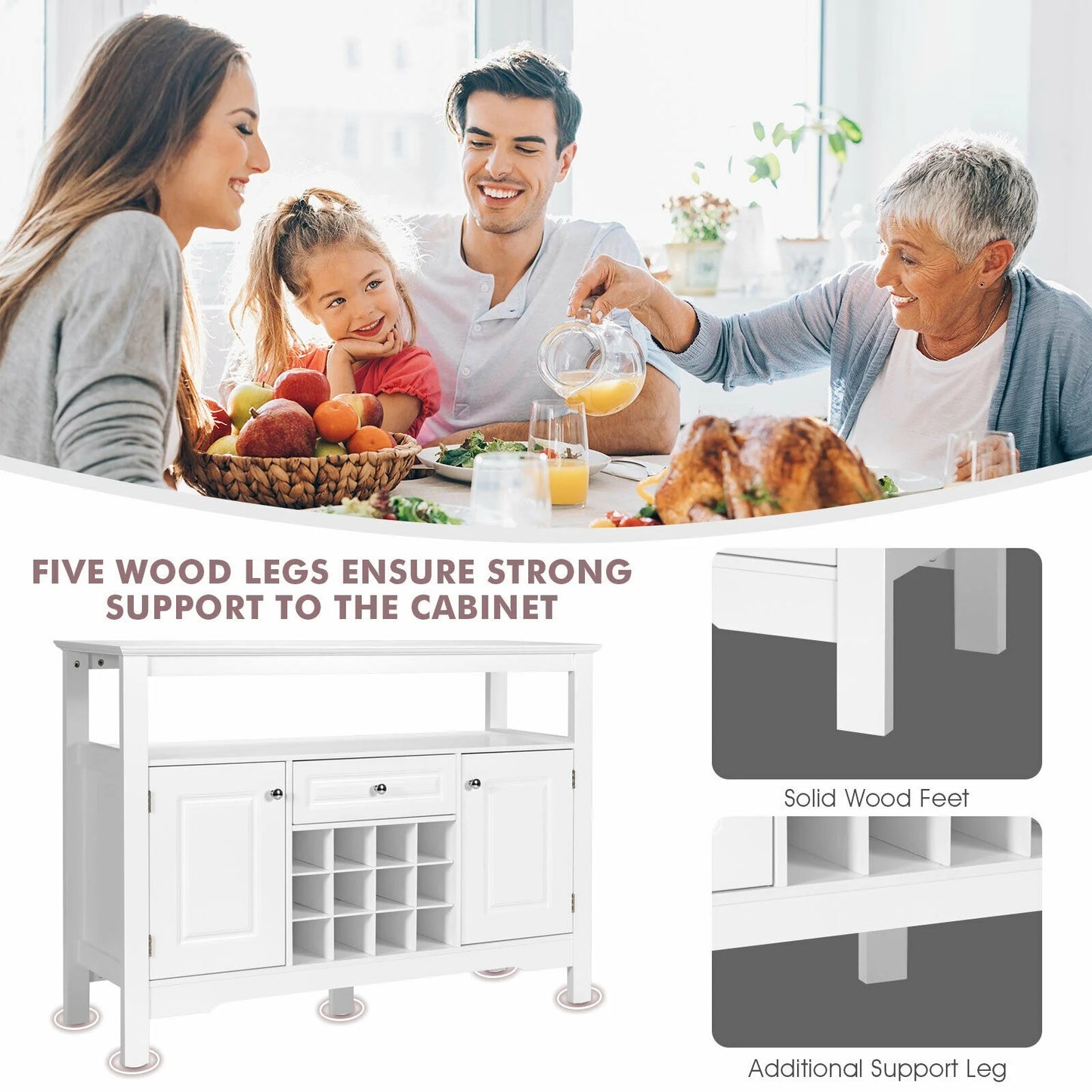 Freestanding Wine Buffet Cabinet with 12 Bottle Rack Storage Drawer and Side Cupboards - White