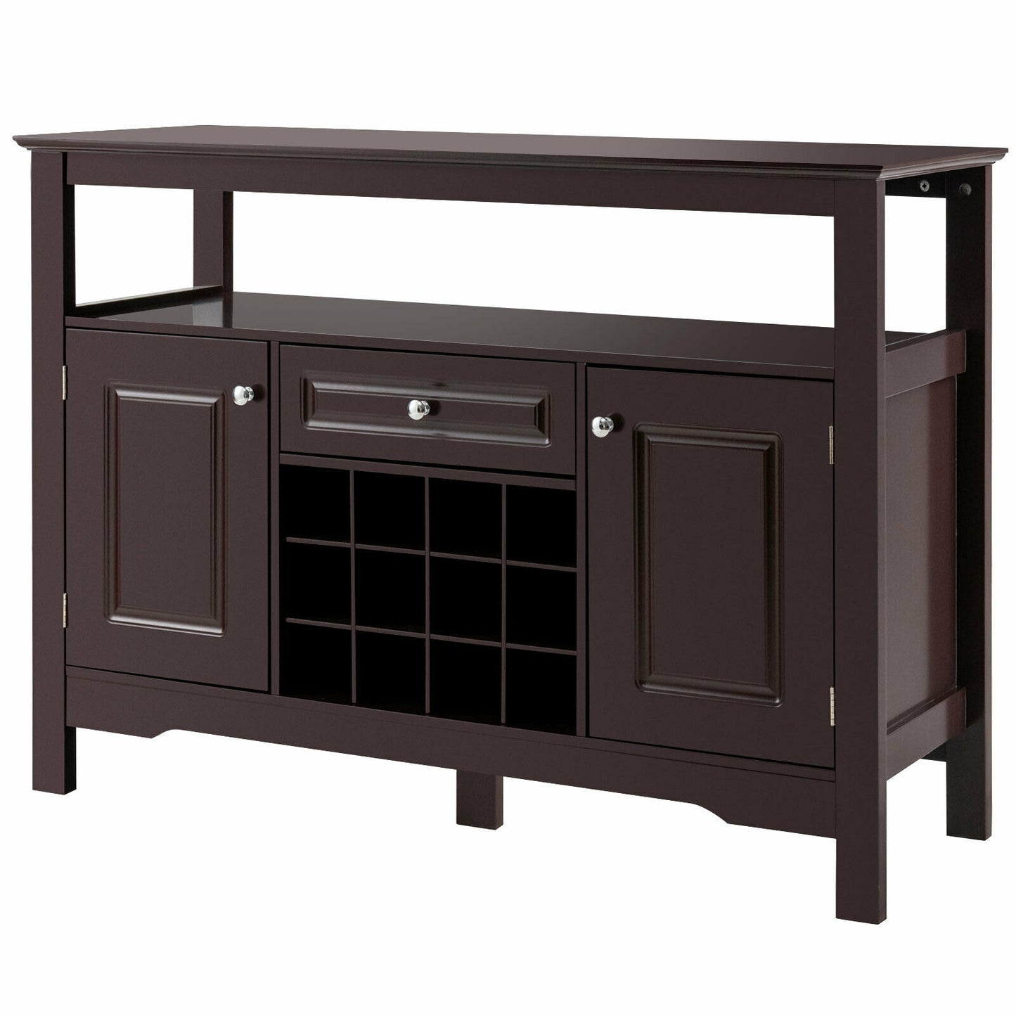 Freestanding Wine Buffet Cabinet with 12 Bottle Rack Storage Drawer and Side Cupboards - Brown
