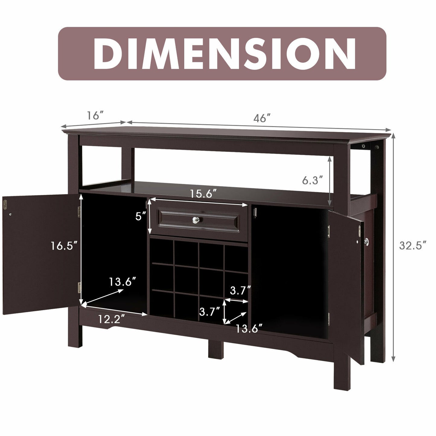 Freestanding Wine Buffet Cabinet with 12 Bottle Rack Storage Drawer and Side Cupboards - Brown
