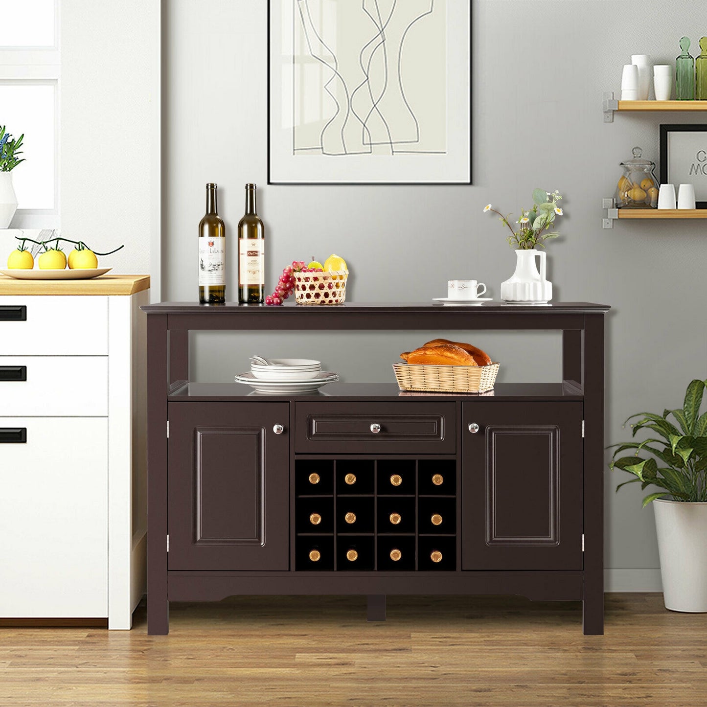 Freestanding Wine Buffet Cabinet with 12 Bottle Rack Storage Drawer and Side Cupboards - Brown