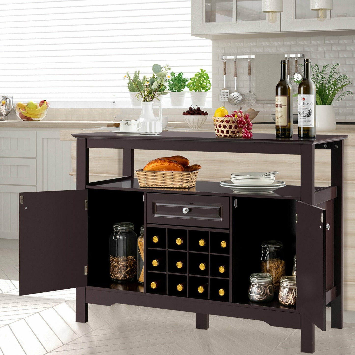 Freestanding Wine Buffet Cabinet with 12 Bottle Rack Storage Drawer and Side Cupboards - Brown