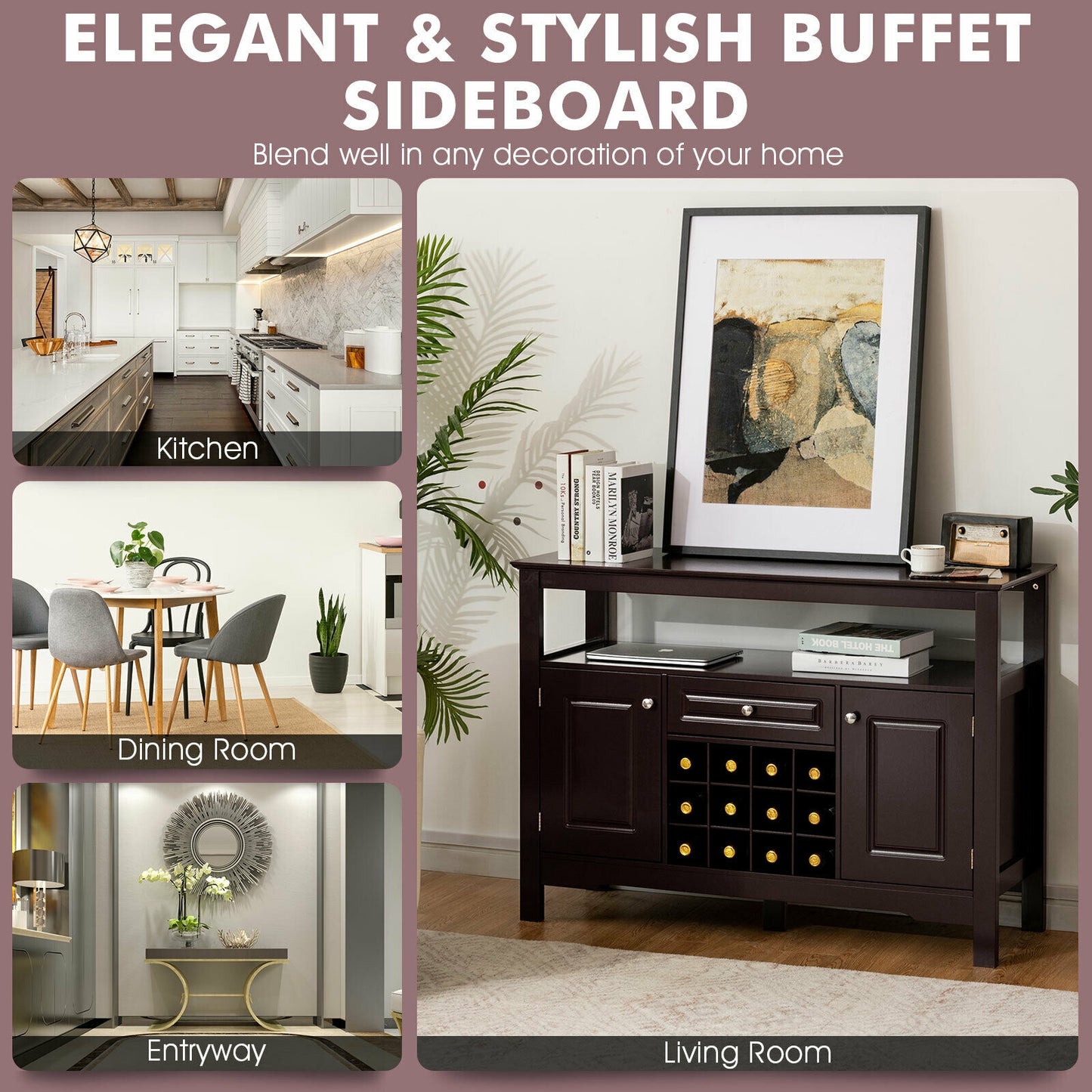 Freestanding Wine Buffet Cabinet with 12 Bottle Rack Storage Drawer and Side Cupboards - Brown