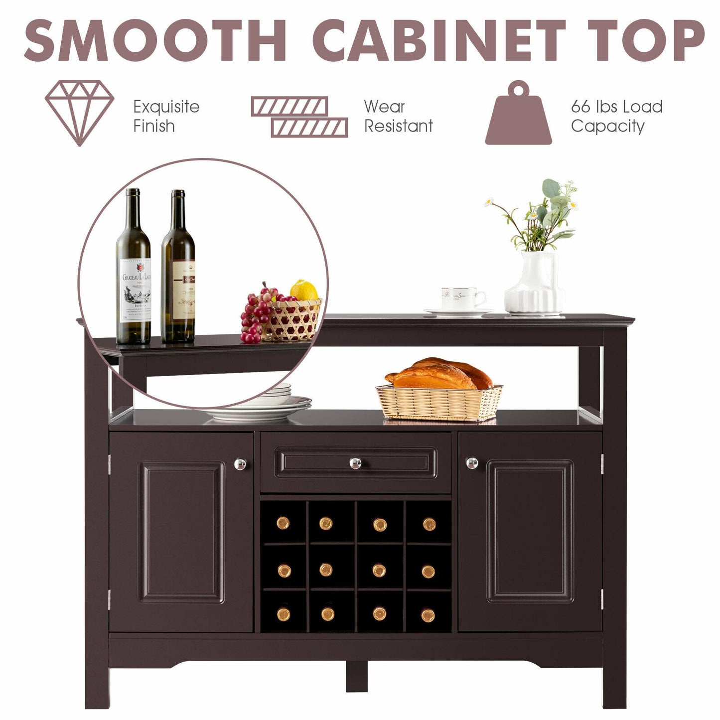 Freestanding Wine Buffet Cabinet with 12 Bottle Rack Storage Drawer and Side Cupboards - Brown