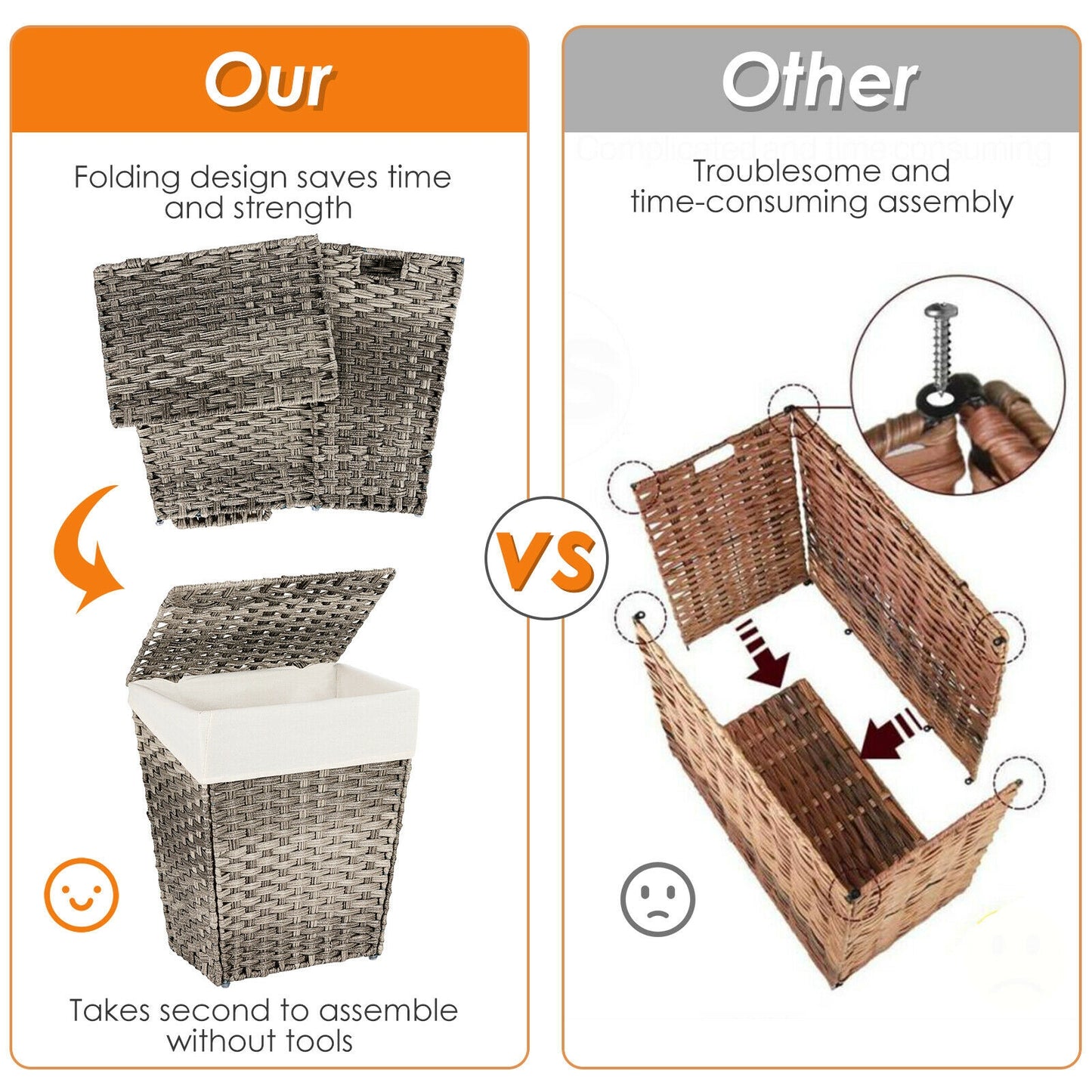 Sturdy Handwoven Laundry Hamper with Removable Liner, Flip Lid, and Non-Slip Design