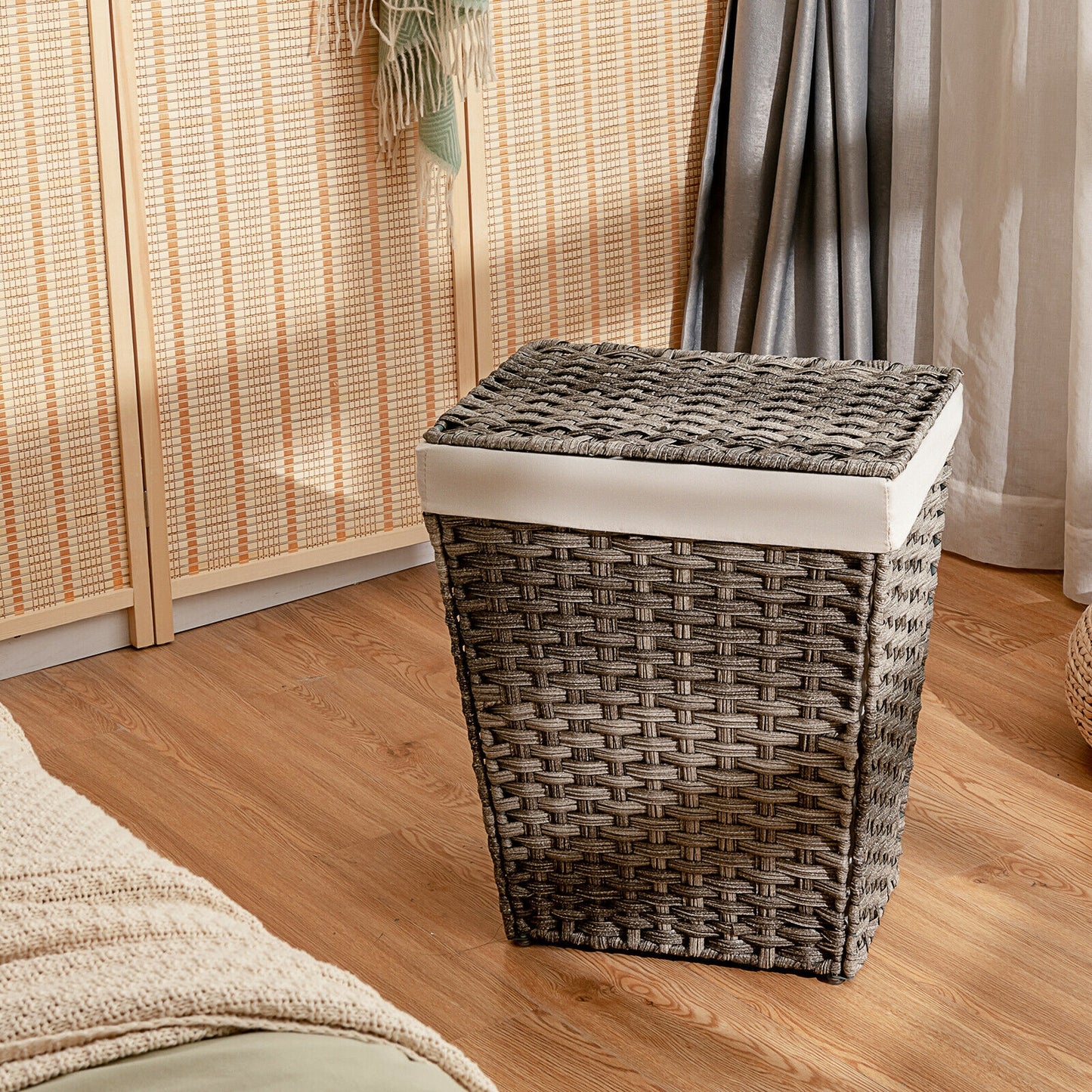 Sturdy Handwoven Laundry Hamper with Removable Liner, Flip Lid, and Non-Slip Design