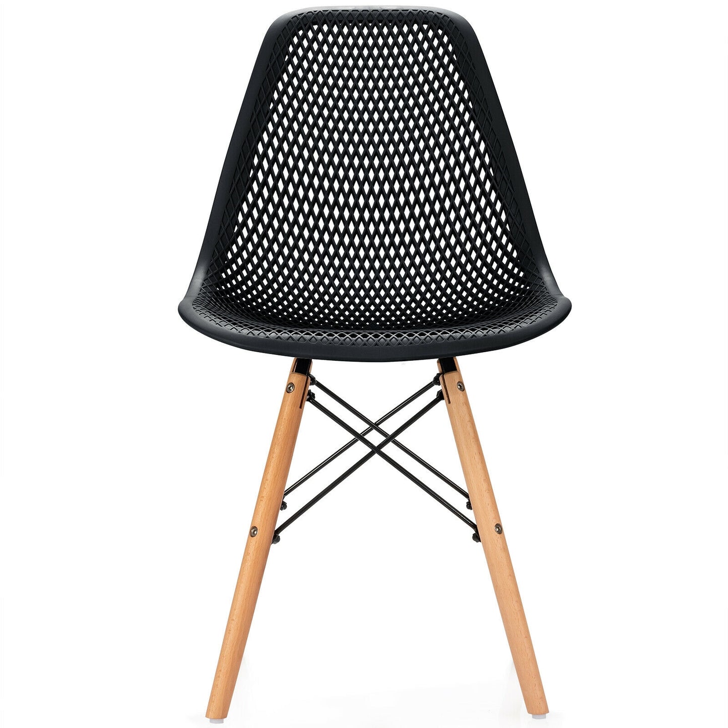 Set of 4 Modern Plastic Hollow Dining Chairs with Wooden Legs for Home and Office - Black