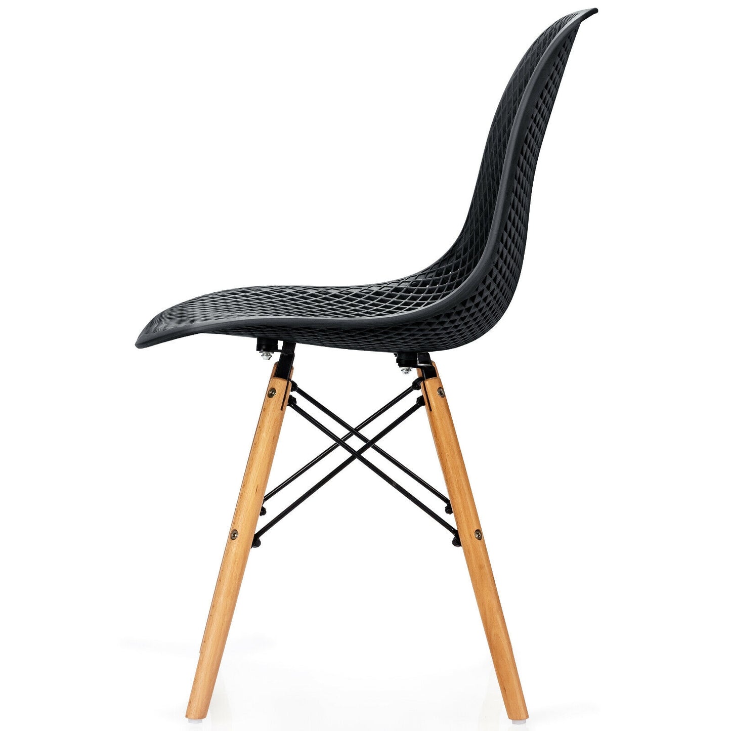 Set of 4 Modern Plastic Hollow Dining Chairs with Wooden Legs for Home and Office - Black