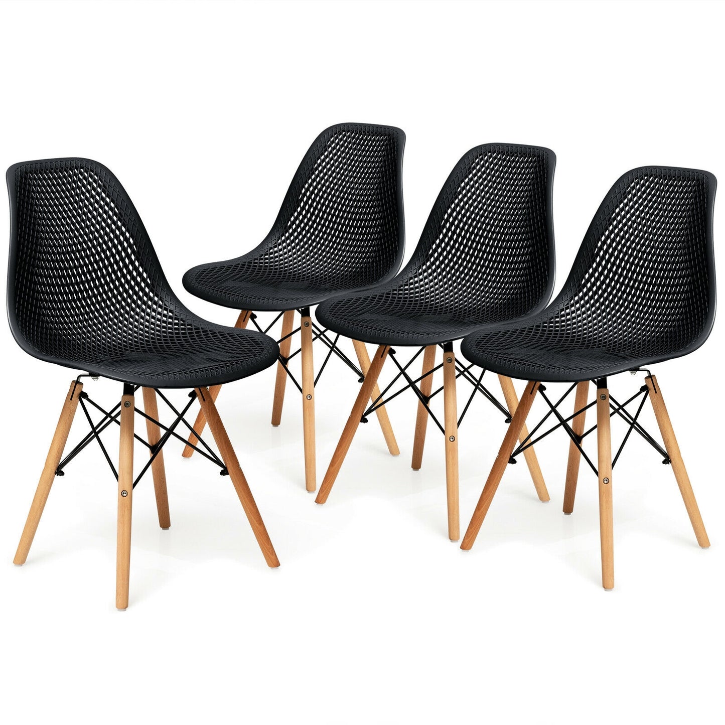 Set of 4 Modern Plastic Hollow Dining Chairs with Wooden Legs for Home and Office - Black