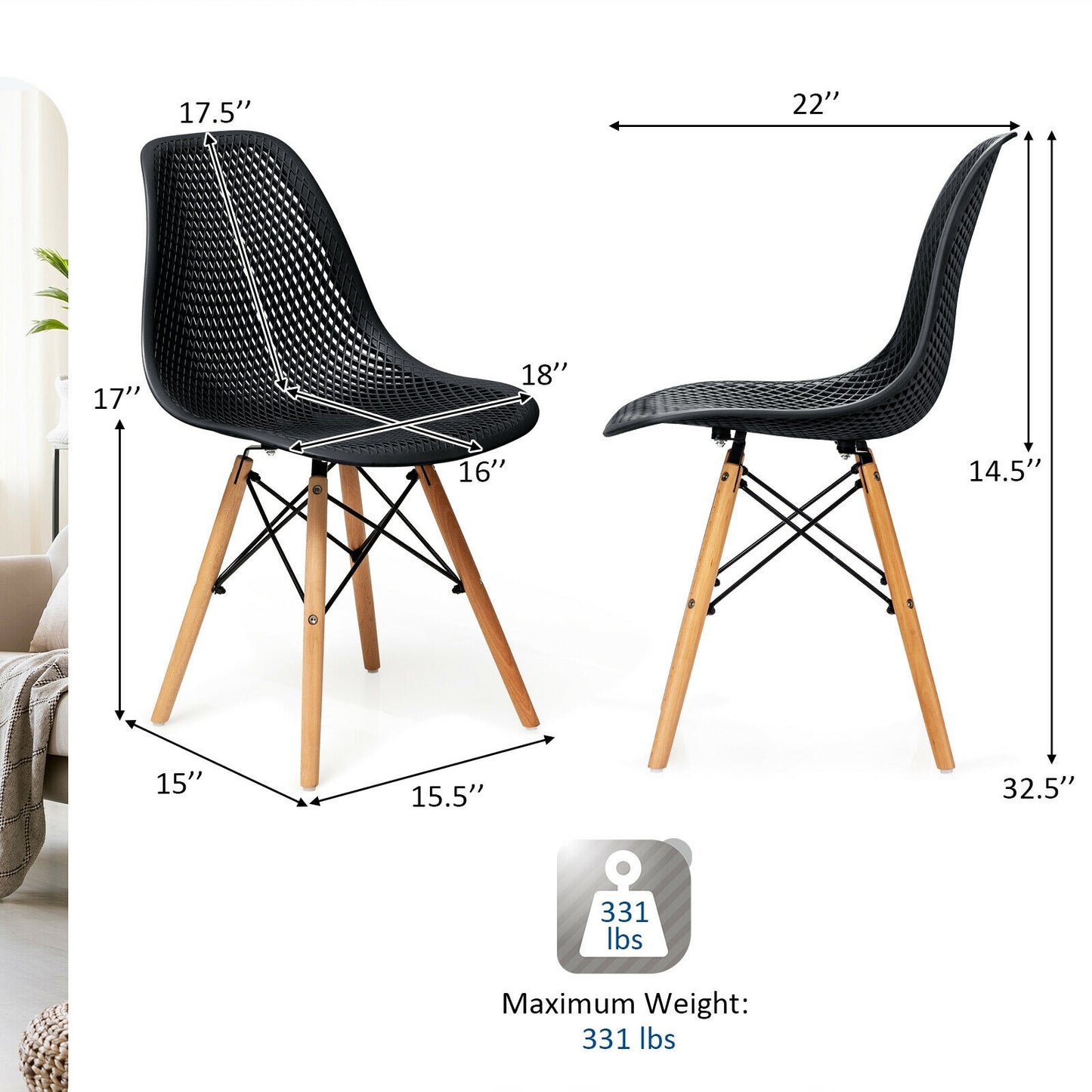 Set of 4 Modern Plastic Hollow Dining Chairs with Wooden Legs for Home and Office - Black