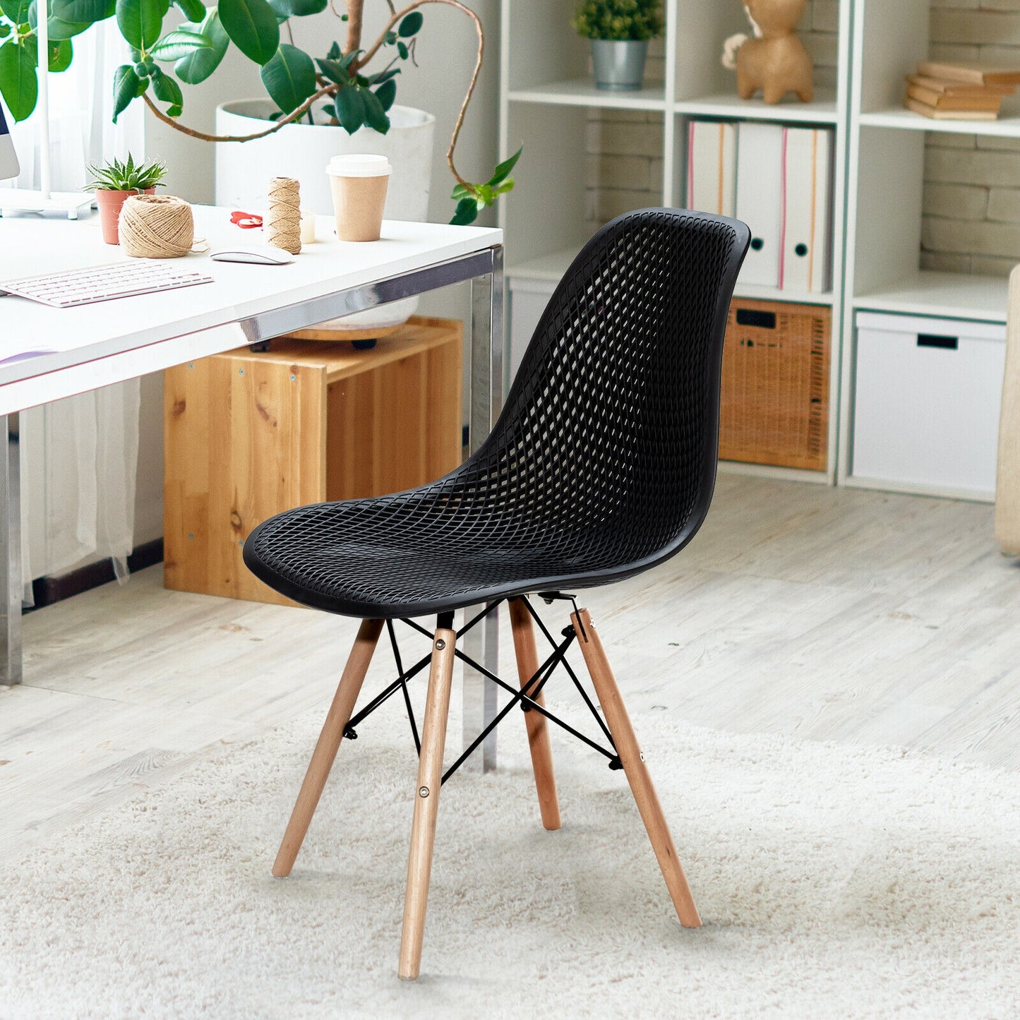 Set of 4 Modern Plastic Hollow Dining Chairs with Wooden Legs for Home and Office - Black