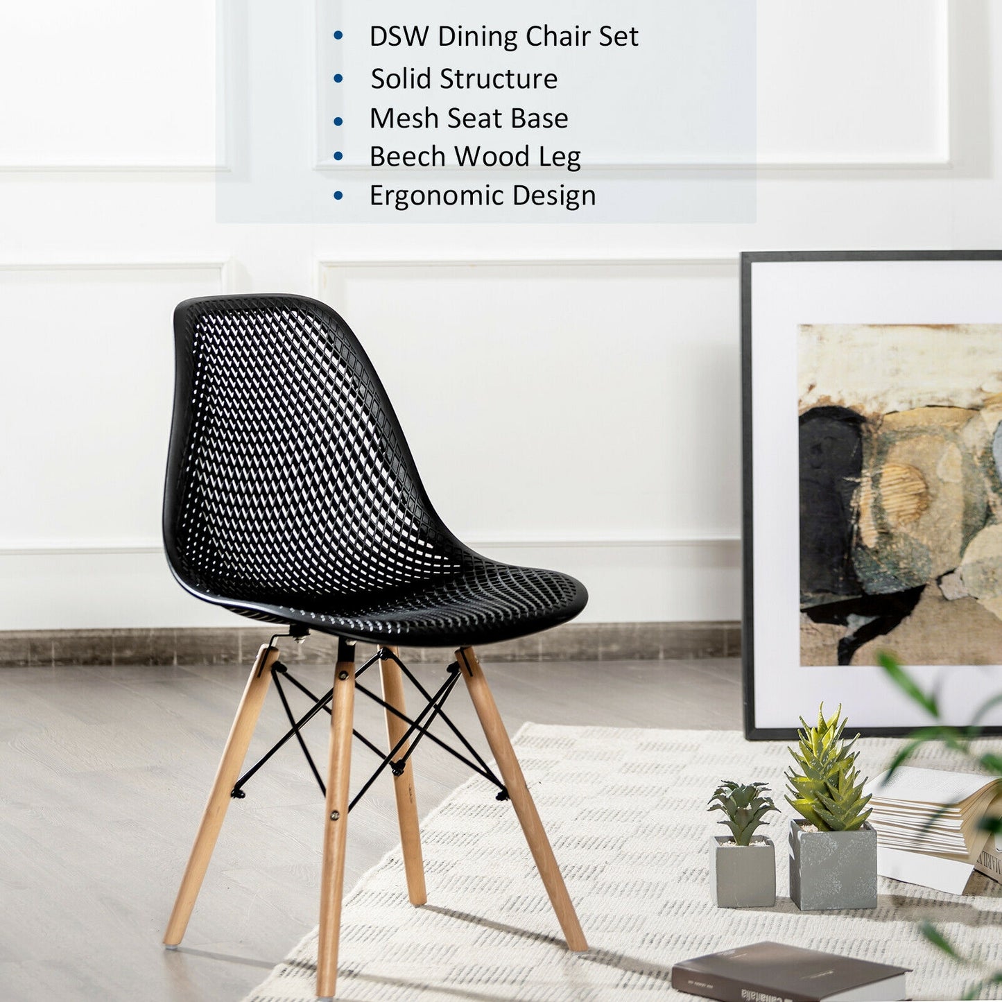 Set of 4 Modern Plastic Hollow Dining Chairs with Wooden Legs for Home and Office - Black