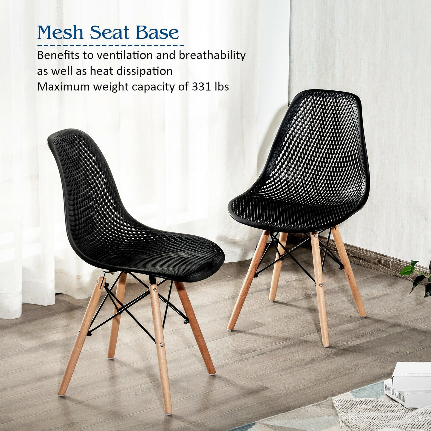 Set of 4 Modern Plastic Hollow Dining Chairs with Wooden Legs for Home and Office - Black