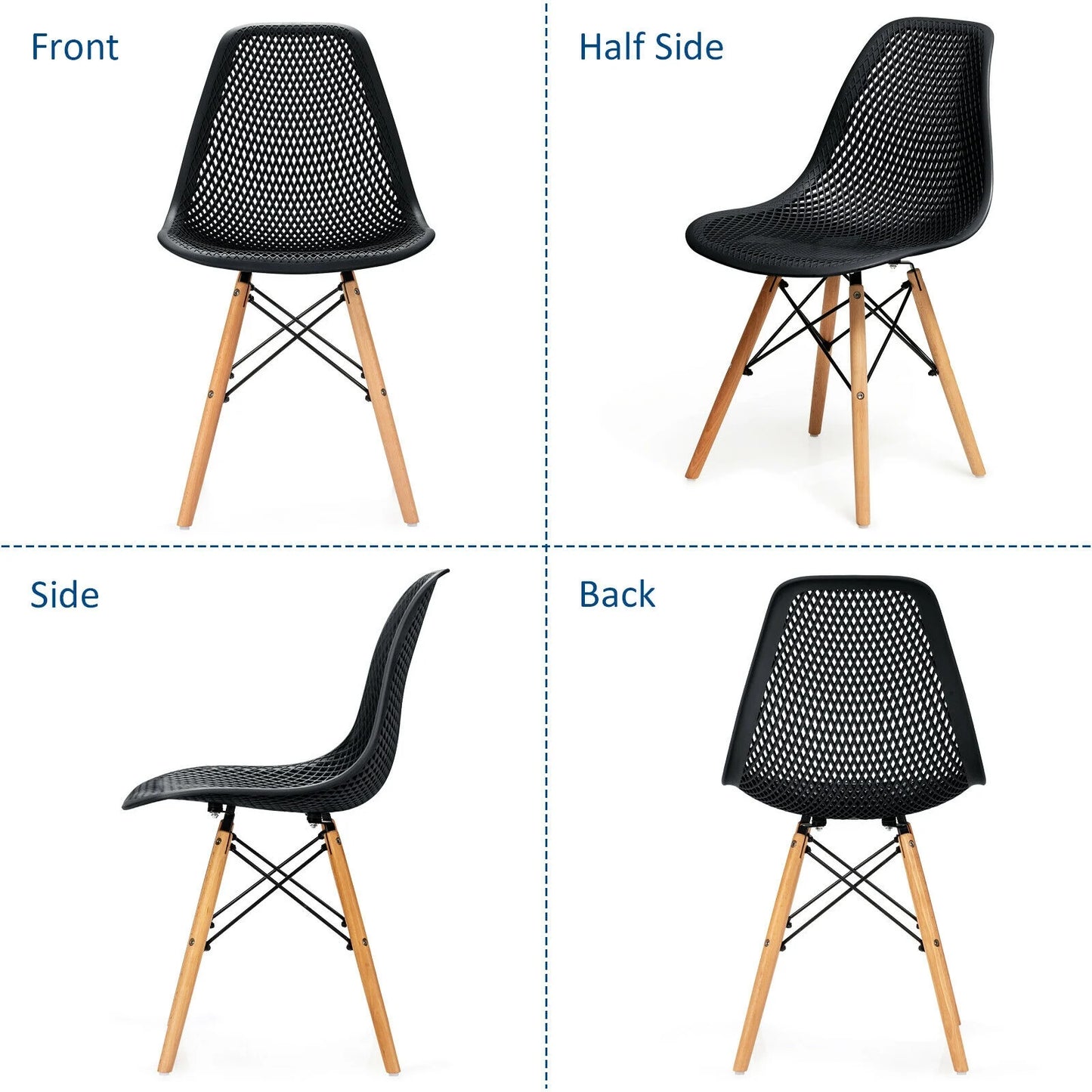 Set of 4 Modern Plastic Hollow Dining Chairs with Wooden Legs for Home and Office - Black