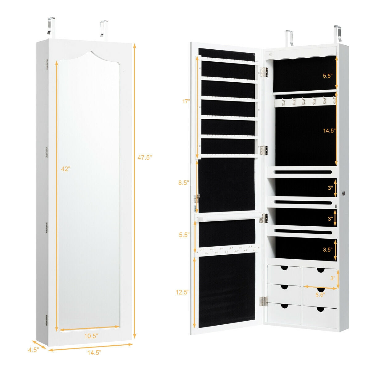 Wall Mounted Jewelry Armoire with Full Length Mirror, LED Lights, Lock and 6 Drawers – White