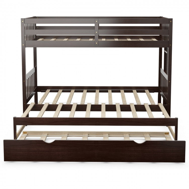 Twin Bunk Bed with Pull-Out Trundle and Wooden Ladder – Dark Brown