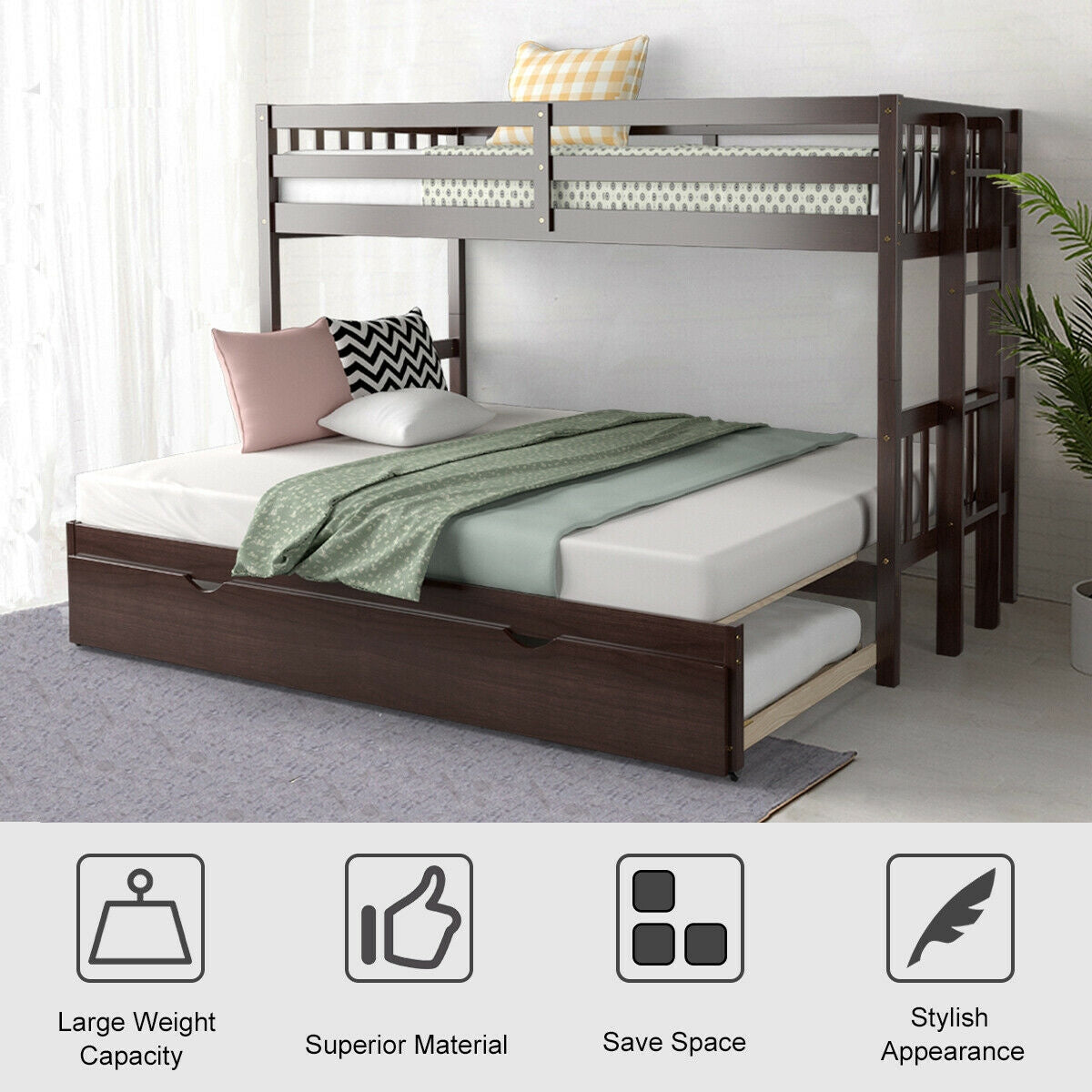 Twin Bunk Bed with Pull-Out Trundle and Wooden Ladder – Dark Brown