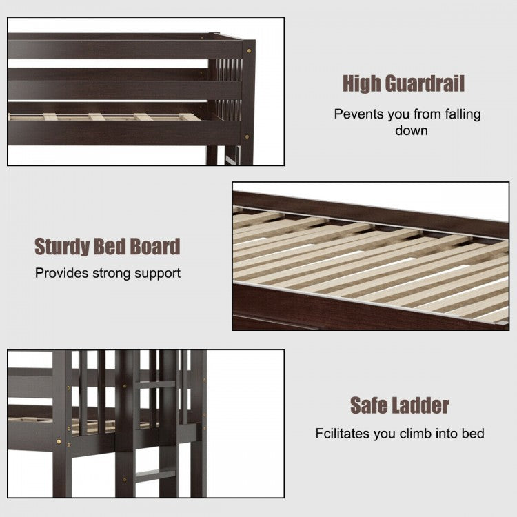 Twin Bunk Bed with Pull-Out Trundle and Wooden Ladder – Dark Brown