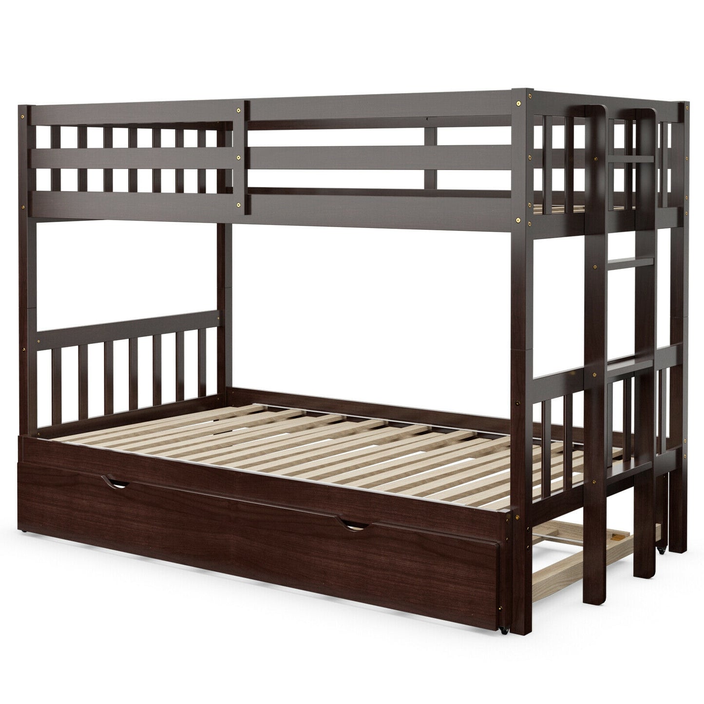 Twin Bunk Bed with Pull-Out Trundle and Wooden Ladder – Dark Brown