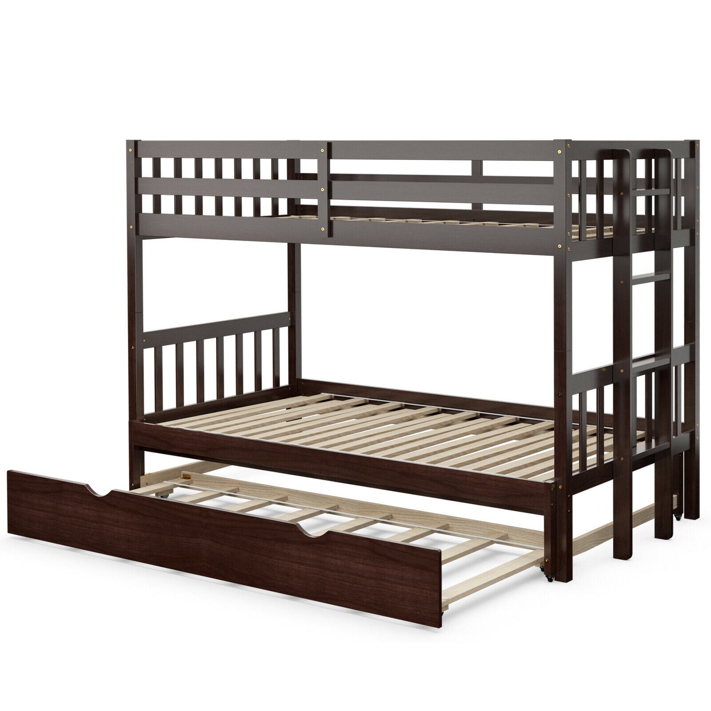 Twin Bunk Bed with Pull-Out Trundle and Wooden Ladder – Dark Brown