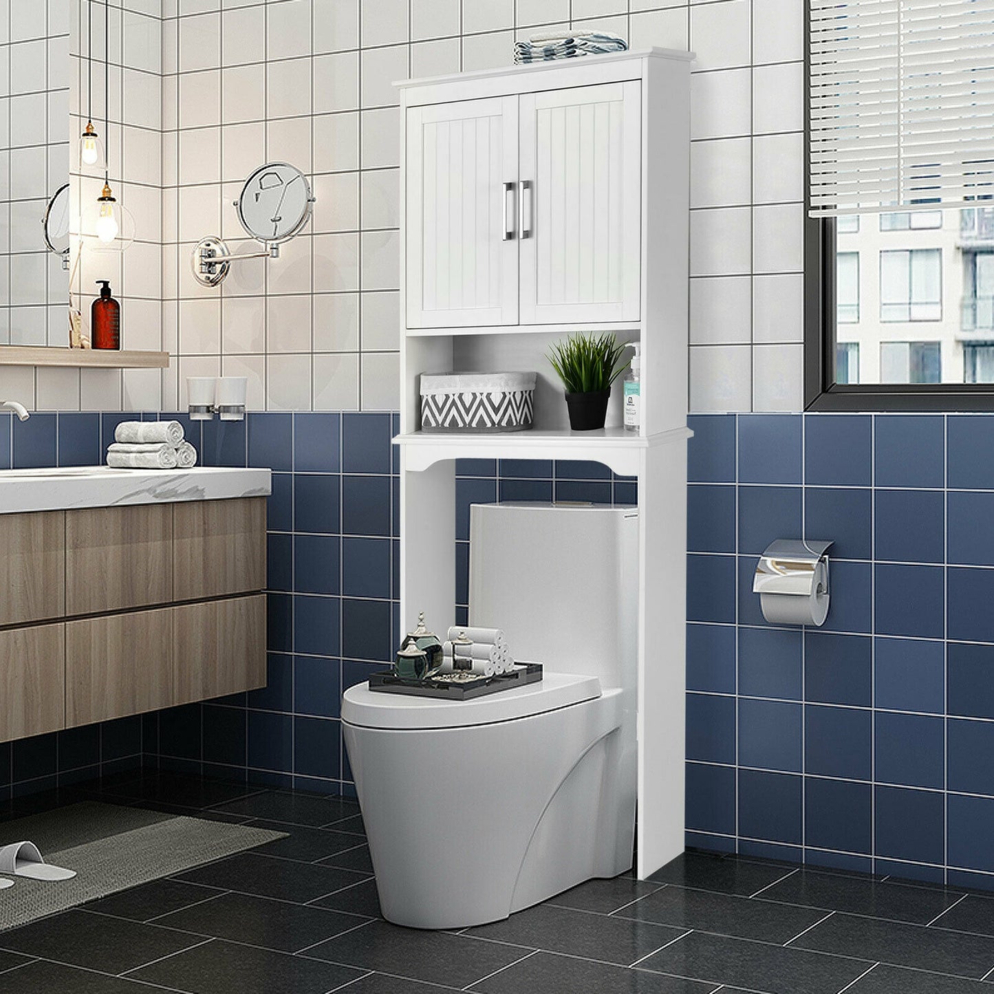 Elegant Over-the-Toilet Storage Cabinet with Adjustable Shelves & Double Doors