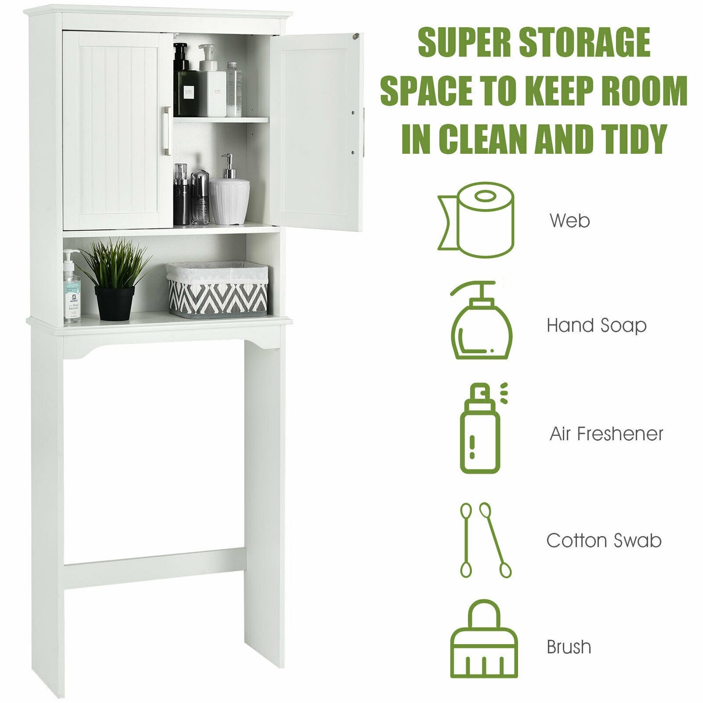 Elegant Over-the-Toilet Storage Cabinet with Adjustable Shelves & Double Doors