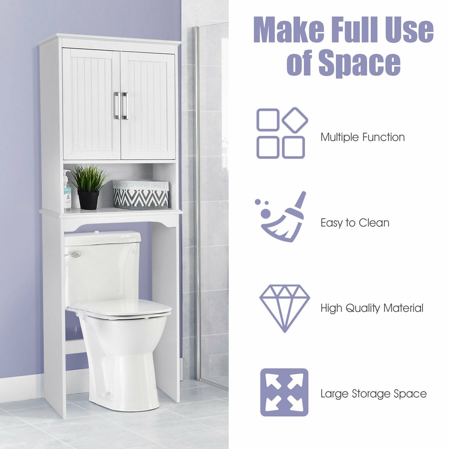 Elegant Over-the-Toilet Storage Cabinet with Adjustable Shelves & Double Doors
