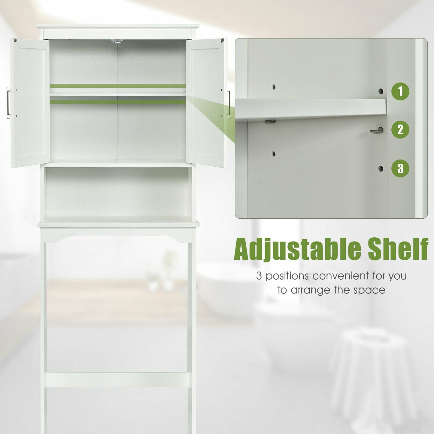 Elegant Over-the-Toilet Storage Cabinet with Adjustable Shelves & Double Doors