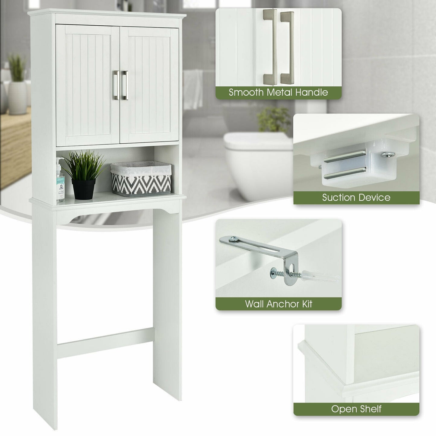 Elegant Over-the-Toilet Storage Cabinet with Adjustable Shelves & Double Doors