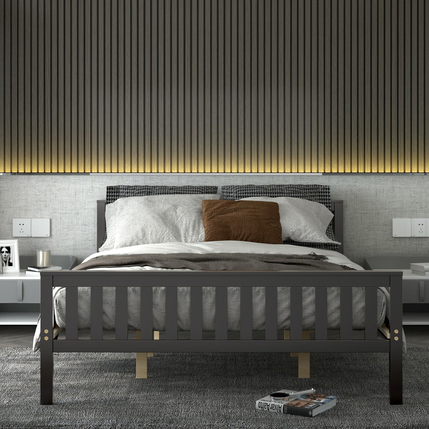 Wood Platform Bed with Headboard - Queen