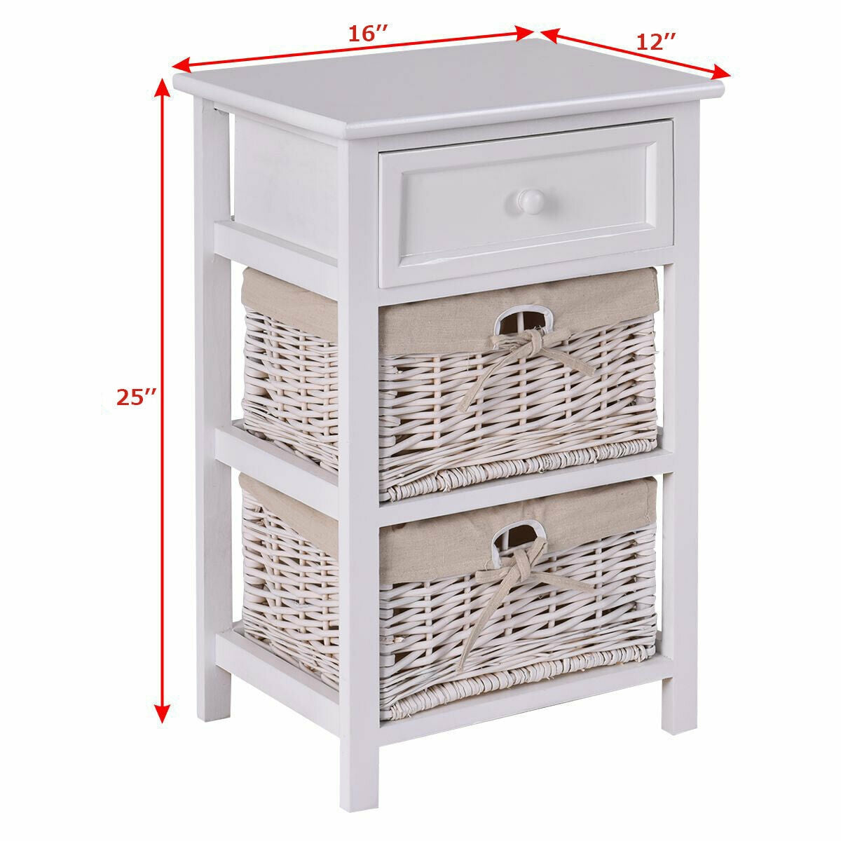 Set of 2 Three-Tier Wooden Nightstands with Drawer and Two Woven Baskets White