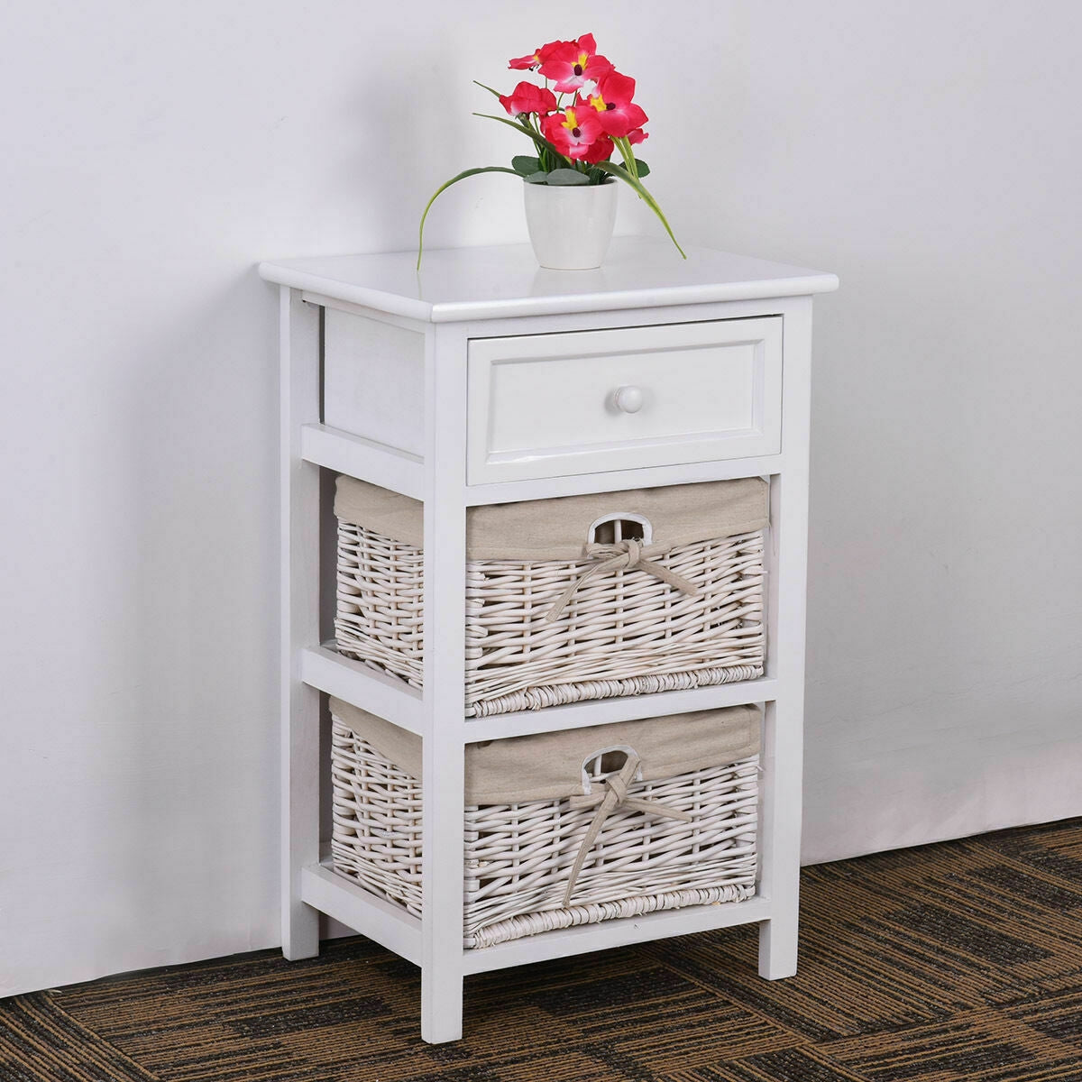 Set of 2 Three-Tier Wooden Nightstands with Drawer and Two Woven Baskets White
