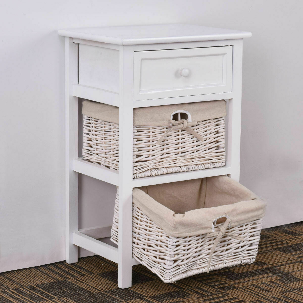 Set of 2 Three-Tier Wooden Nightstands with Drawer and Two Woven Baskets White