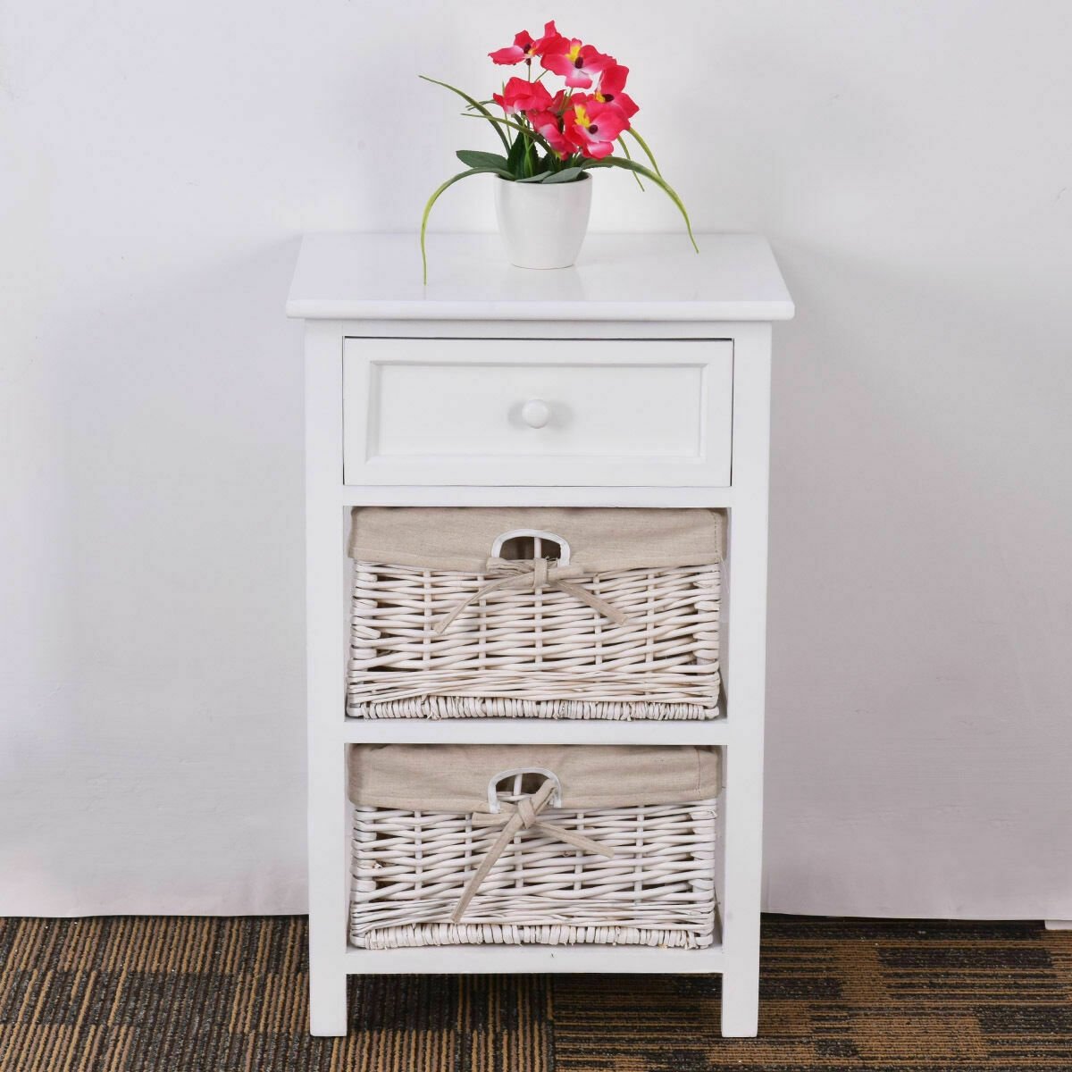 Set of 2 Three-Tier Wooden Nightstands with Drawer and Two Woven Baskets White