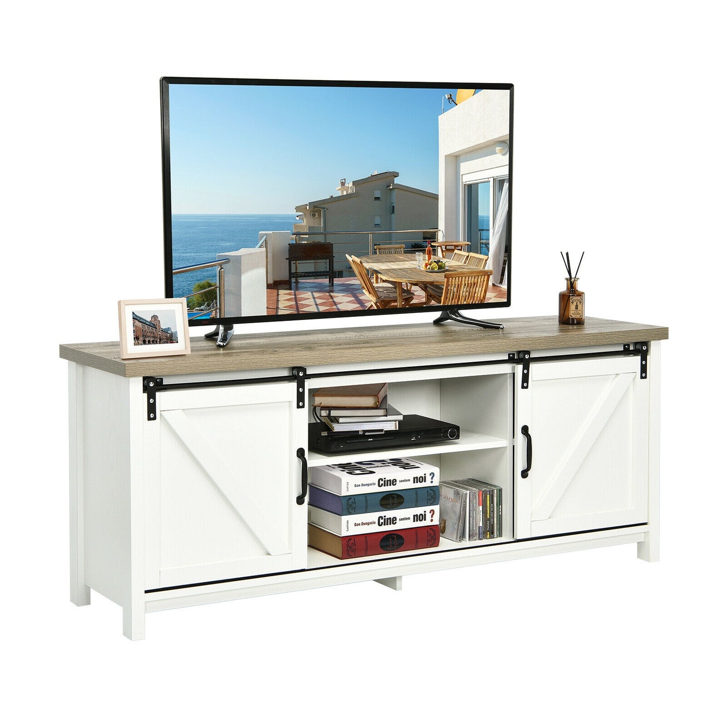 Sliding Barn Door TV Stand and Media Console Cabinet with Storage for TVs up to 65 Inches - White