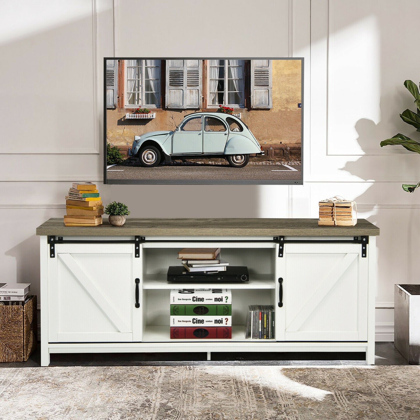 Sliding Barn Door TV Stand and Media Console Cabinet with Storage for TVs up to 65 Inches - White