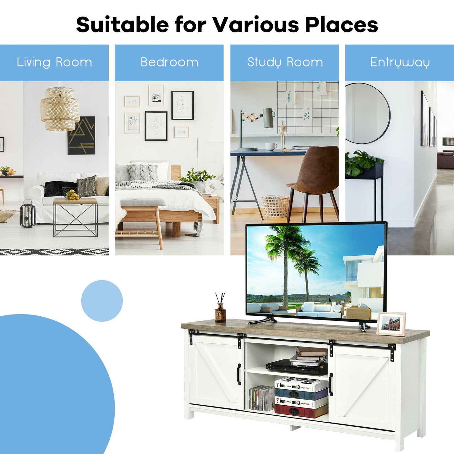 Sliding Barn Door TV Stand and Media Console Cabinet with Storage for TVs up to 65 Inches - White