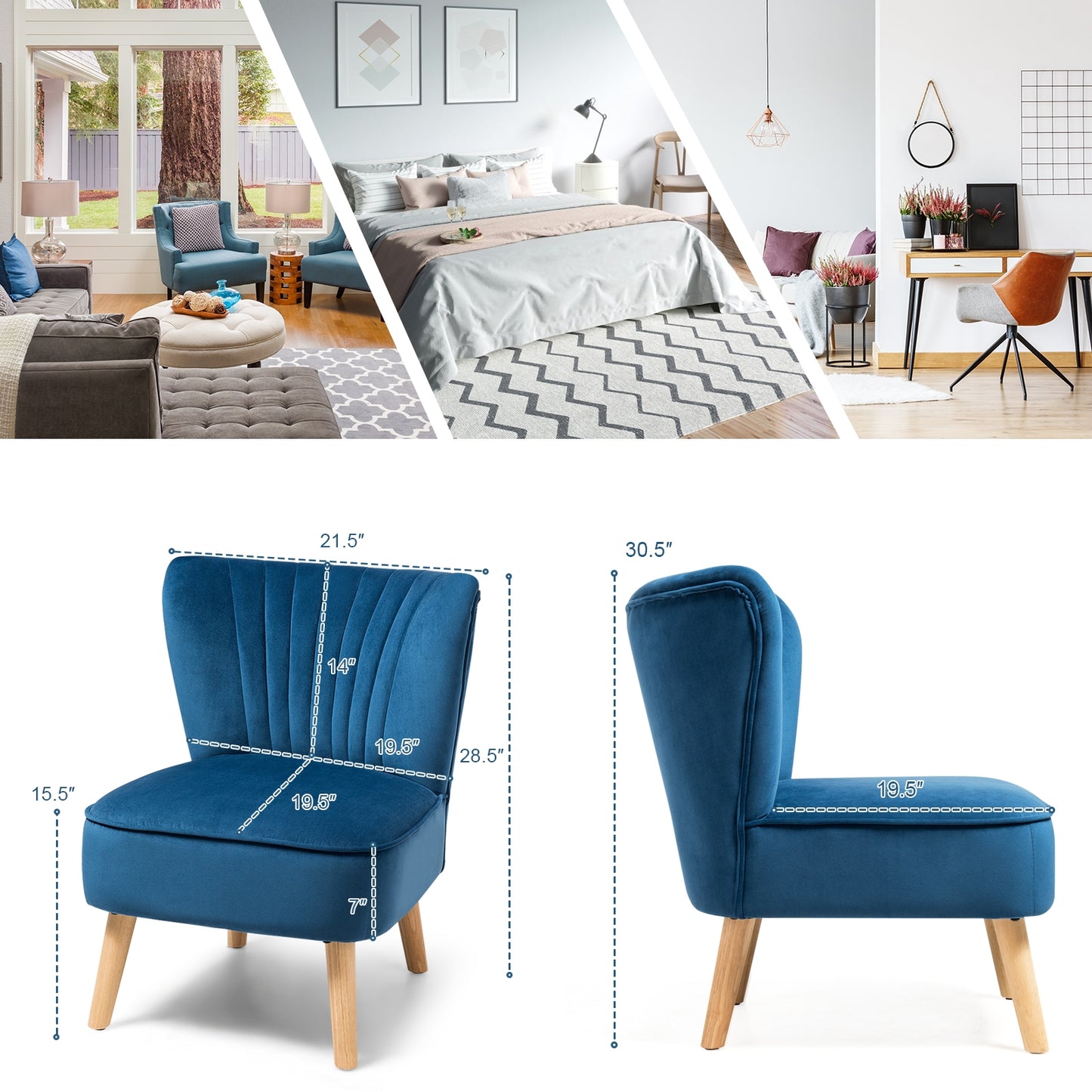 Velvet Armless Accent Chair with Natural Wood Legs - Blue